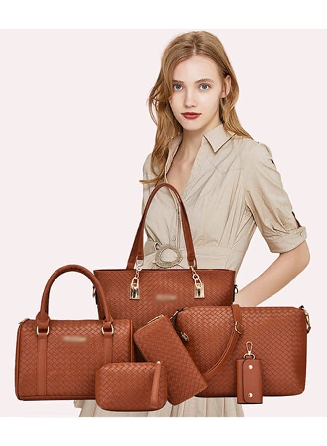 6pcs Shoulder Bag Set for Women Large Capacity Diamond pattern Ladies Tote Handbag Set for Women Commute One Shoulder Cross-body Bag with Wallet(brown)