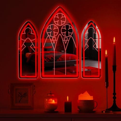DUOLIYBC Gothic Neon Sign, Medieval Goth LED Mirror Sign Set, Window Mirror Signs for Wall Decor, Gothic Cathedral Decor, Witch Mirrors 20″ × 11.7″