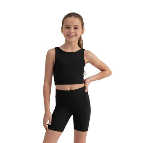 WELAKEN Girls 2 Piece Athletic Outfits Kids Yoga Crop Tank Top Biker Shorts SetsBlack5T