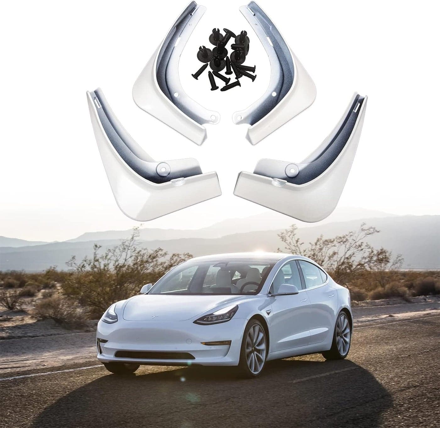 Wocch Mud Flaps for Tesla Model 3 (2016-2022) - Set of 4 White Splash Guards