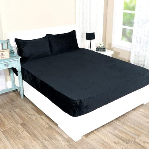 RD TREND 210 TC 190 GSM Warm Flannel Elastic Fitted bedsheets for Winter King Size(78X72X8 Inch) with 2 Pillow Cover Size (18x28 Inches) Color- Black, Striped