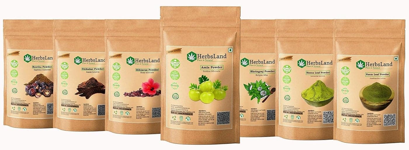 HerbsLand Bio Organic Amla Reetha Shikakai Hibiscus Bhringraj Heena Neem leaf powder for Face Skin Care Hair Growth Natural Hair Shampoo AntiDandruff Hair Pack 70 gm Each 490 gm