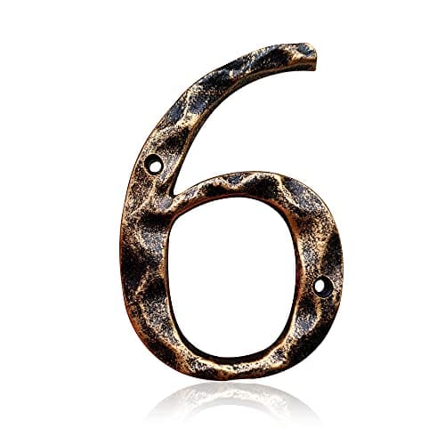 5.5 Inch House Numbers & Letters, Highly Visible Cast Iron Metal Home Address Number for Street Office Mailbox, Antique Brass (Number 6)