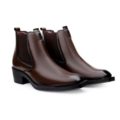 Men's 2 Inch Heel Height Increasing Faux Leather Material With Brown Casual Formal Slipon Chelsea Boot.- 9 UK
