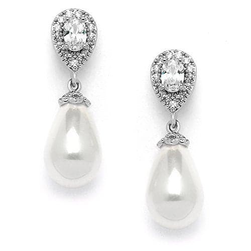 Mariell Pearl Bridal Wedding Clip-On Earrings for Brides, Pearl and CZ Non-Pierced Drop Bridal Earring