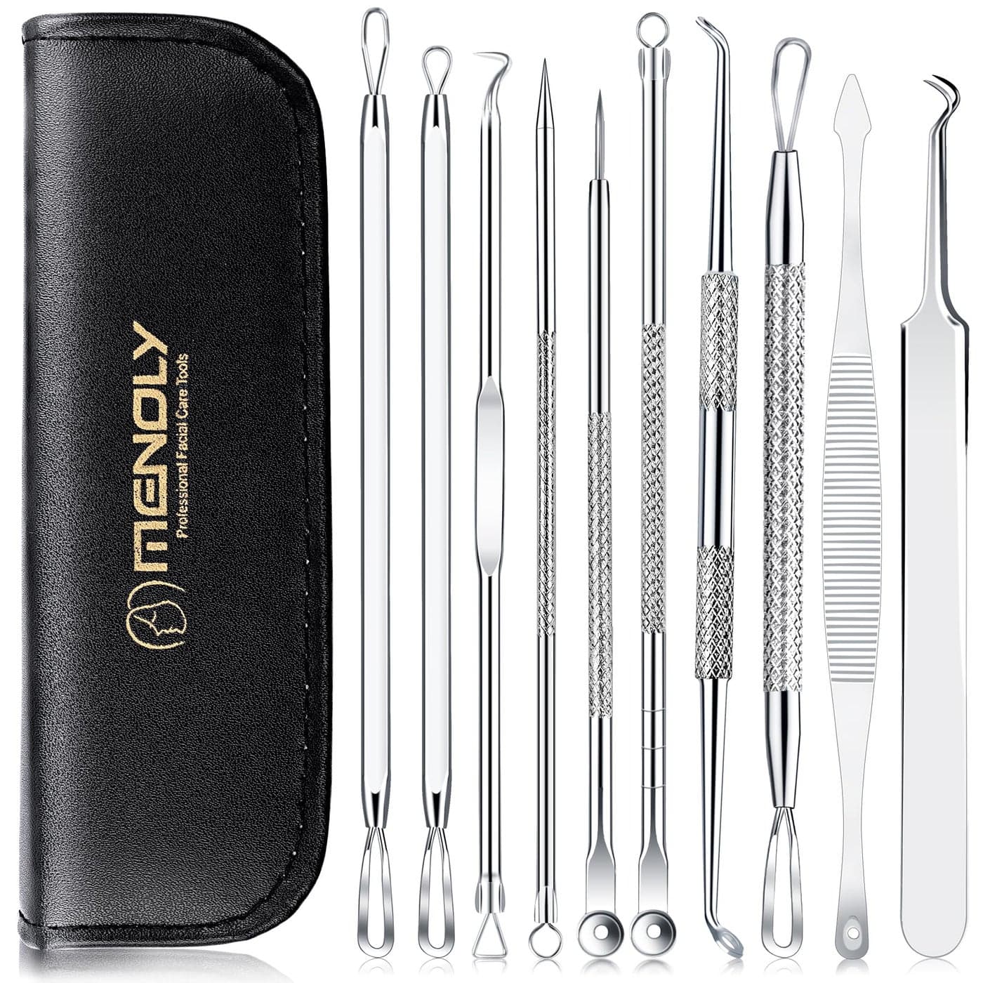 MENOLY Pimple Popper Tool Kit 10 Pcs Blackhead Remover Tool Zit Popper for Blemish Pimple Comedone Extractor Acne Tool for Blackheads Acnes Whiteheads Nose Face with Leather Bag