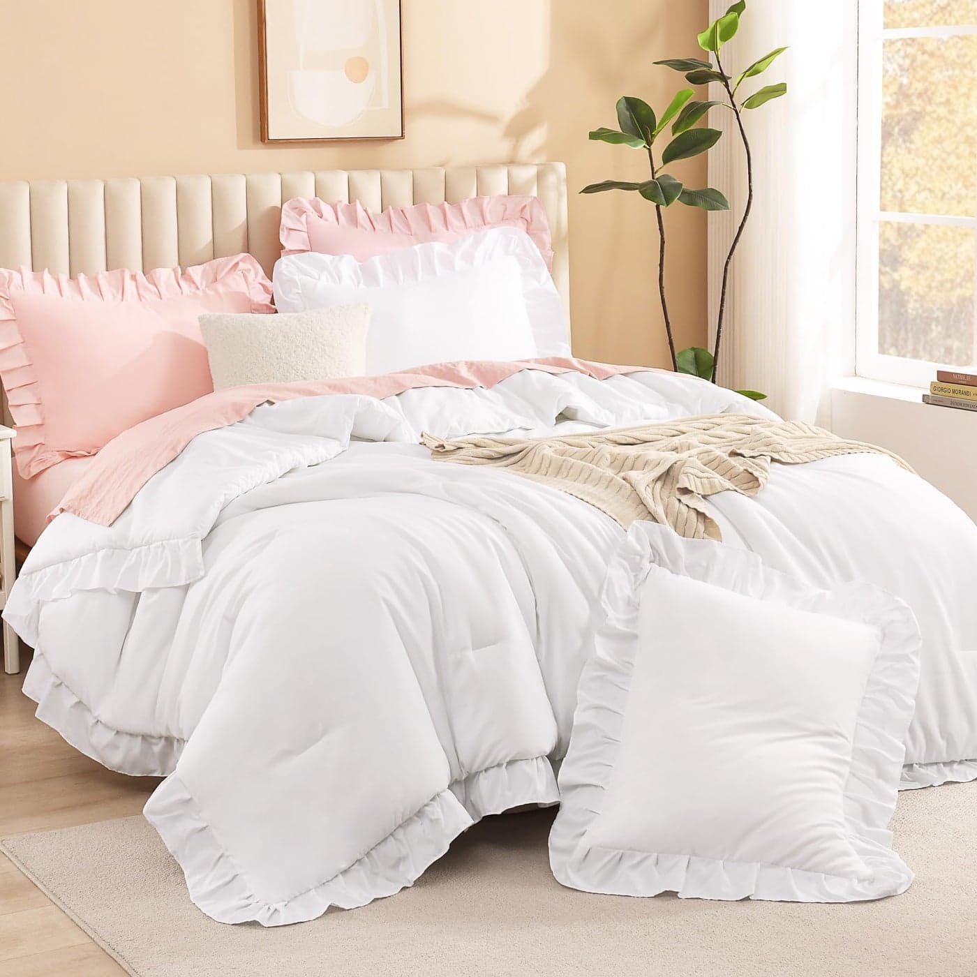 Litanika White Ruffle Comforter King Size 3 Pieces Women Girl Farmhouse Vintage Aesthetic Bedding Set Collections Shabby Chic Microfiber Bedding Set 104x90In Comforter 2 Pillowcases