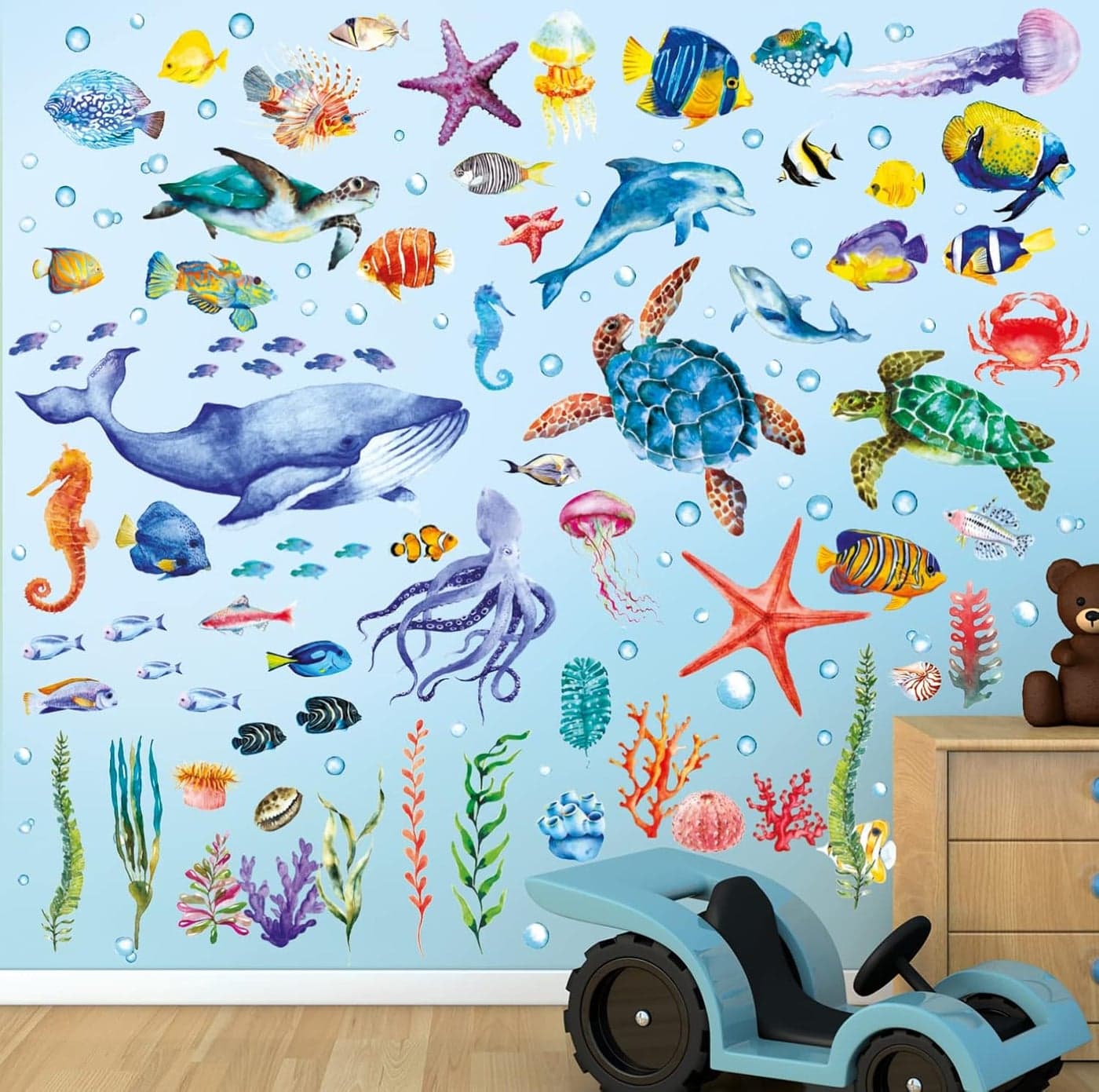 BASHOM DS128048 128 Pieces Under The Sea Wall Decals Ocean Fish Stickers Turtle Jellyfish Seaweed Removable for Kids Bedroom Nursery Living Room Home Art Decor Bathroom Baby