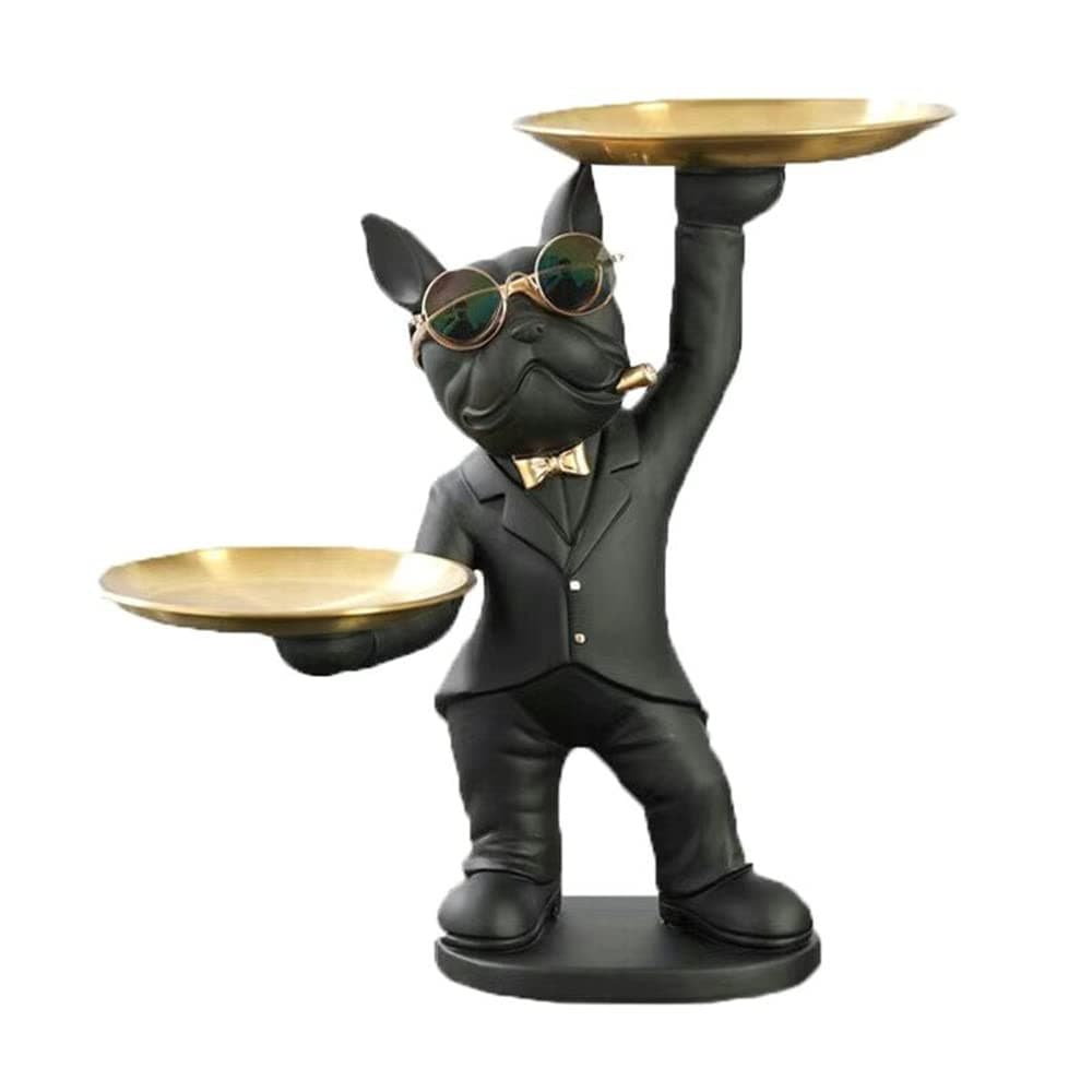 BAOJULONG Adorable French Bulldog Statue with 2 Trays and Cute Glasses Black Resin Dog Sculpture Ornament Animal Figurines Home Decor Anniversary Thanksgiving Christmas Birthday Gifts
