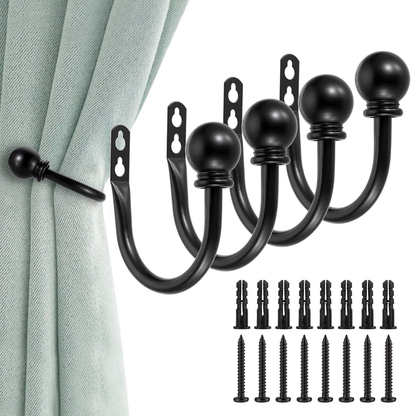 Sumnacon Set of 4 Decorative Curtain Holdbacks Wall Mounted Aluminum Alloy Window Drapery Tiebacks for Bedroom Livingroom Office Come with Screws Black