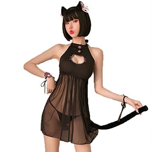 Sexy Cat Cosplay Lingerie Dress Halloween Kawaii Anime Kitten Keyhole Costume Cute Maid Outfit Japanese Lolita Underwear (Black)