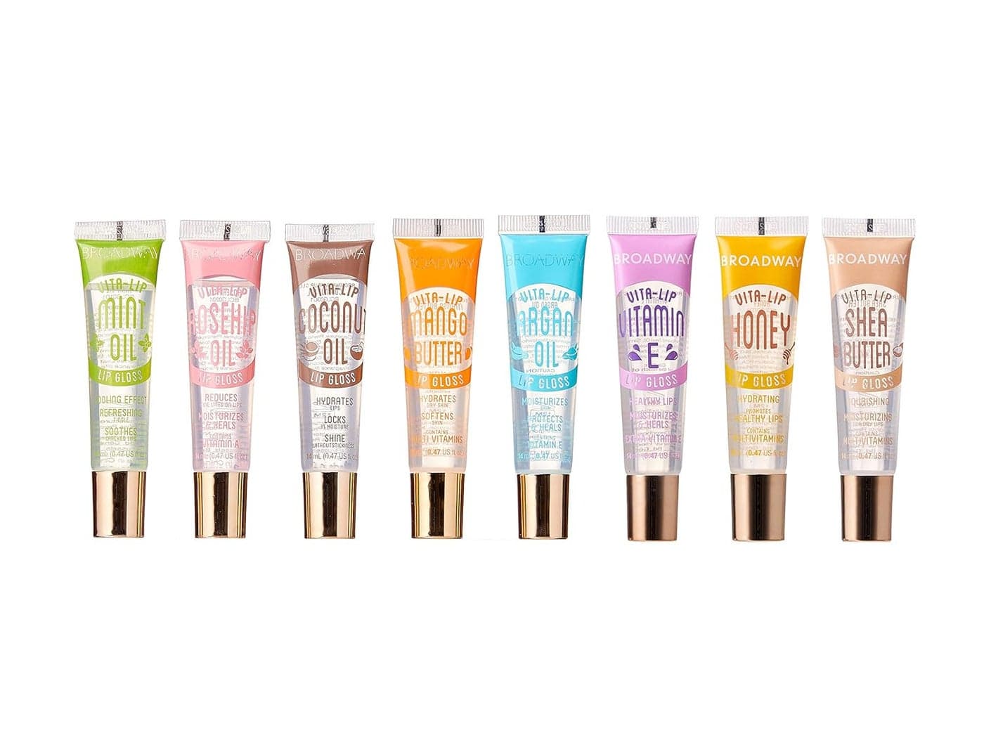 Ruby Kisses Broadway VitaLip Clear Lip Gloss 8 Pack UltraHydrating Soothing Formula with Vitamins HighShine NonSticky Finish Lip Balm with Mint Rosehip Coconut Mango Argan Honey Shea