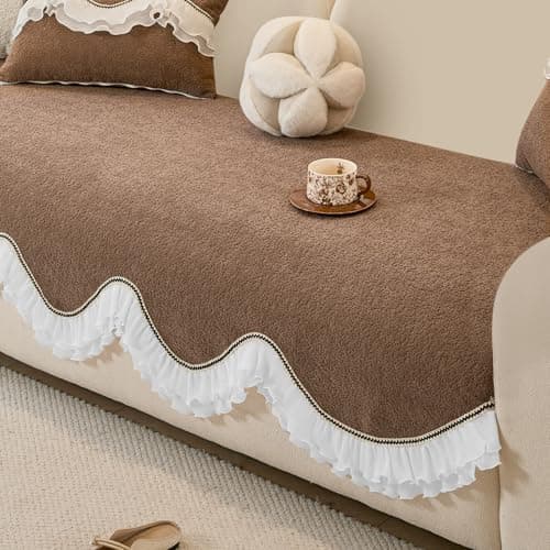 HOKIPO 'French Classic Frill' Sofa Cover Mat for 1/2/3 Seater & L Shape Sofa. Make Your Own Sofa Cover Set, Anti-Slip Mat Length 90(D) x 120(L) cm, Mocha Luxe Brown (AR-6140-BRN)