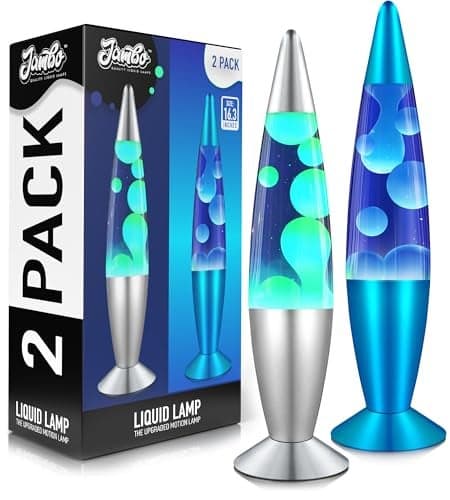 JAMBO 2 Pack- 16" Beautiful Lamp- Silver with Yellow/Green Wax and Blue with Blue/White Wax, Relaxing Liquid Lamp, Night Light Nightlight, Lamps for Adults Teens Kid