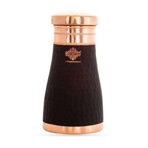 INDIAN ART VILLA Copper Bedroom Water Bottle with Inbuilt Glass, Black Silk Finish Hammered Design - Volume 900 ML (Pack of 1)