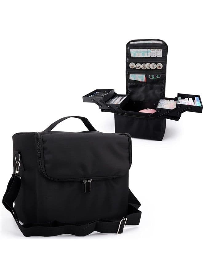 Large Makeup Carrying Train Case for Women,Black Travel Makeup Organizer Bag Storage Box,4 Tier Professional Nail Organizer Case with Adjustable Dividers for Nail Tools Jewelry MakeUp Brushes Toiletry