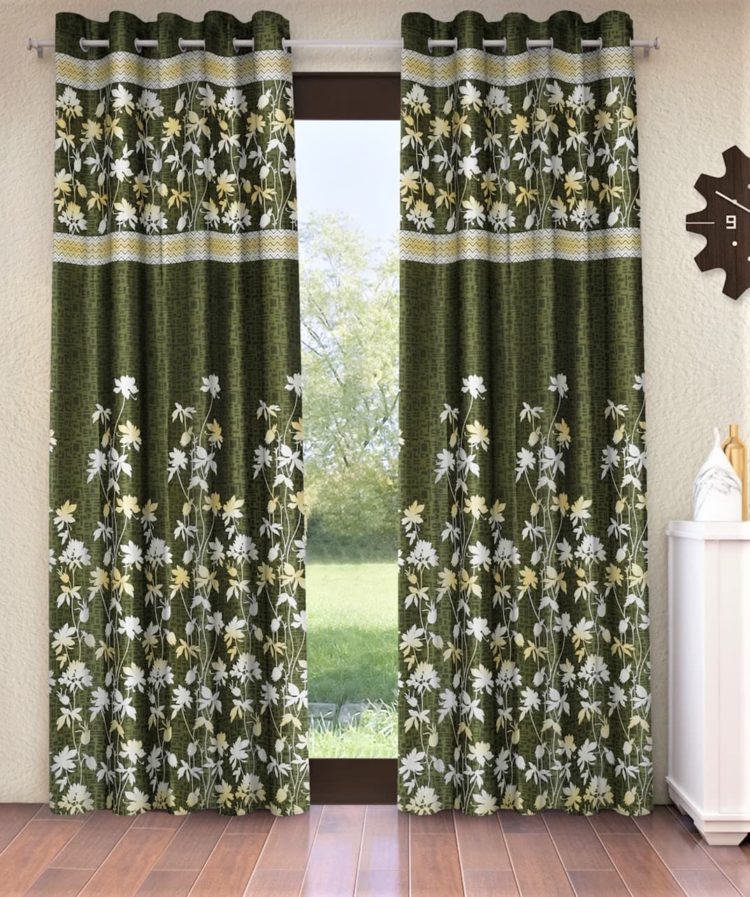 Home Sizzler 2 Piece Flower Border Panel Eyelet Polyester Door LightFiltering Curtains 7 Feet Green Eyelet Floral
