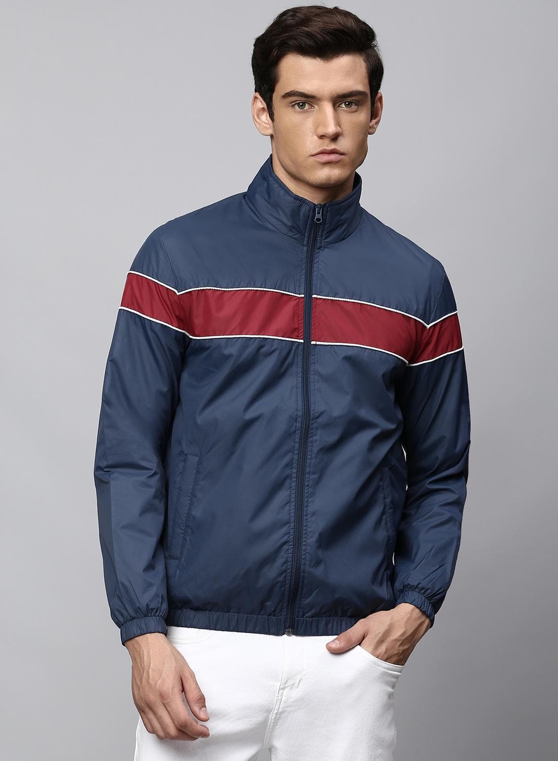 Men's Bright Navy 100% Polyester Striped Regular Fit Jacket
