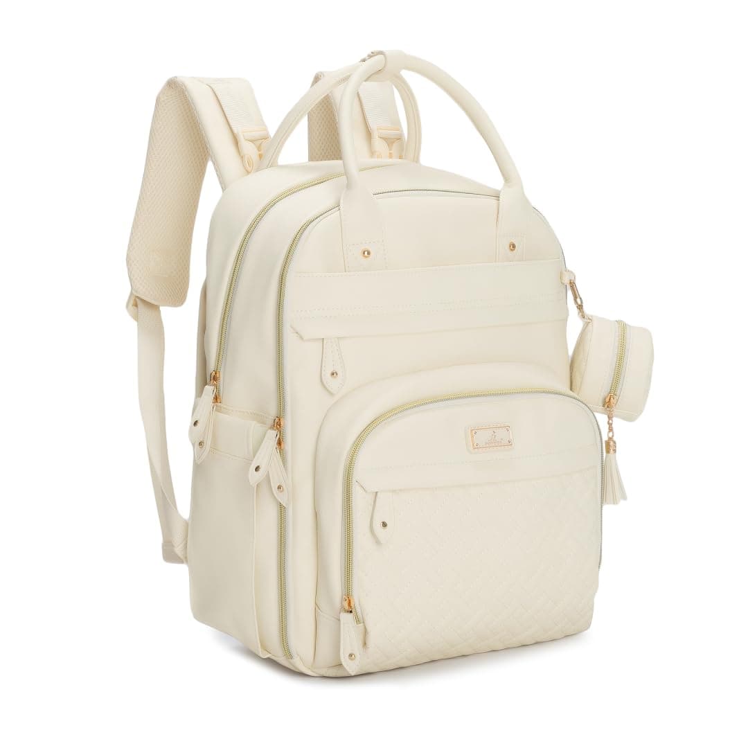 BabbleRoo Leather Diaper Bag Backpack Baby Essentials Travel Baby Bag Multi function Waterproof with Changing Pad Stroller Straps Pacifier Case Unisex Eggshell White