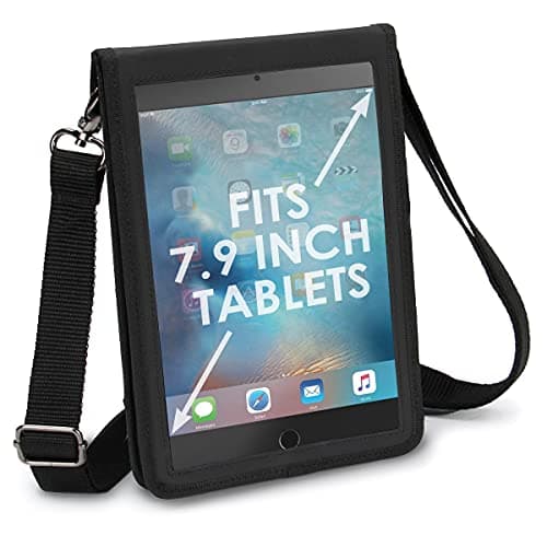 USA GEAR Tablet Holder Case Compatible with iPad mini 7 - Travel Bag Carry Cover with Open Front Design & Adjustable Shoulder Carrying Strap fits iPad mini Tablets (Black) for 7.9" Tablets