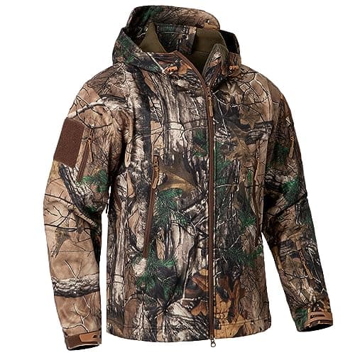 CARWORNIC Men's Camo Quiet Hunting Jacket Waterproof Softshell Fleece Lined Camouflage Silent Hunting Clothes Windproof Outdoor Work Safari Hiking Fishing Coat