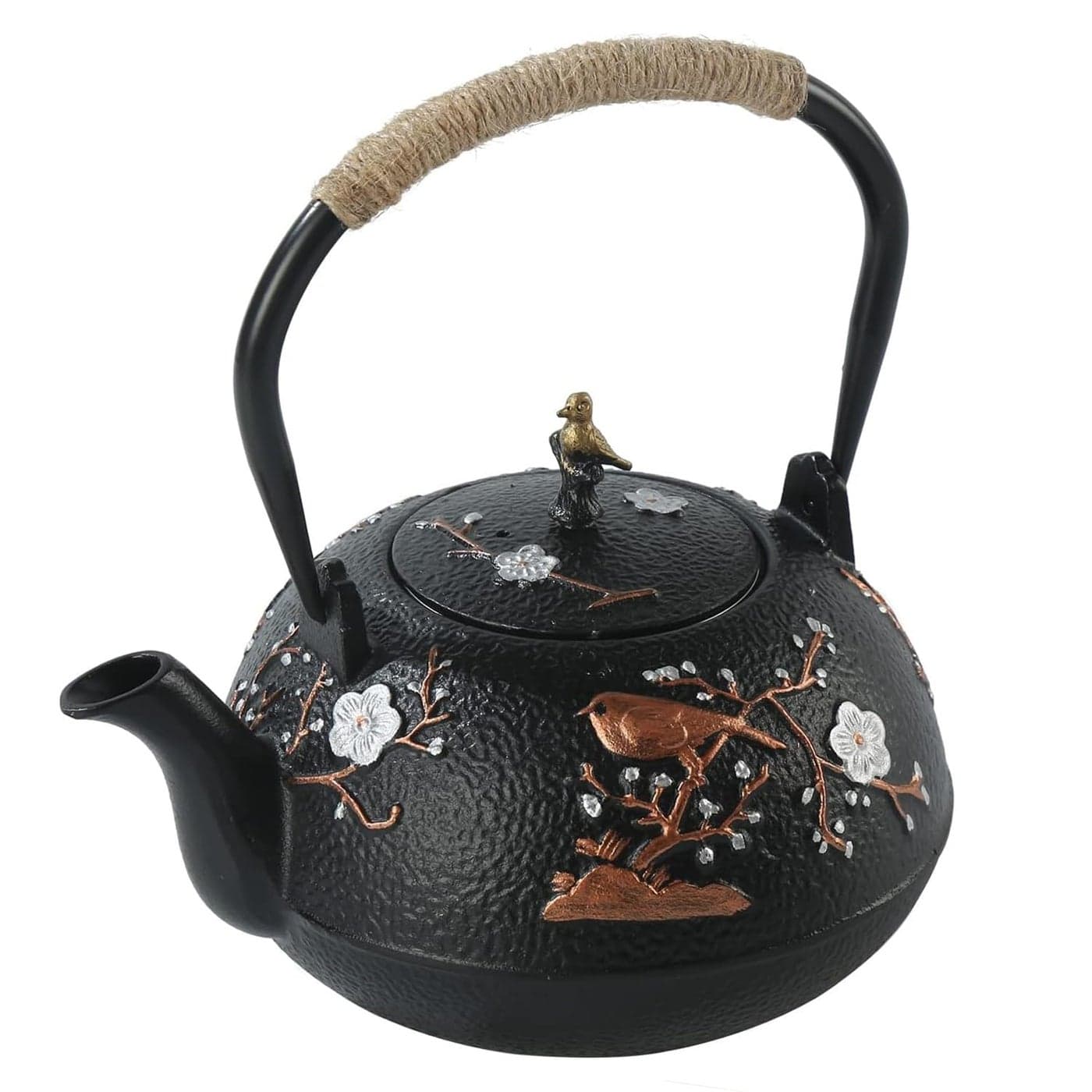 Prakal Cast Iron Tea Pot Tea Kettle Birds and Plum Flower Kettle Stove Top Tea Kettle Japanese Antique Tea Kettle with Infuser Flat Bottom Kettle for AllStovetops Gas406oz1200ml PK01