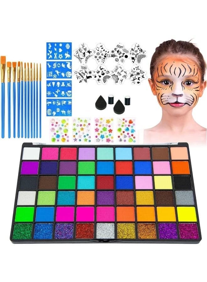 54 Colors Face Painting Kit for Kids,Body Paint for Adults, Non Toxic Makeup Professional, Includes 11 Brushes, 4 Stencils 8 stencils, 4 templates, 4 sponges, Suitable for Festival