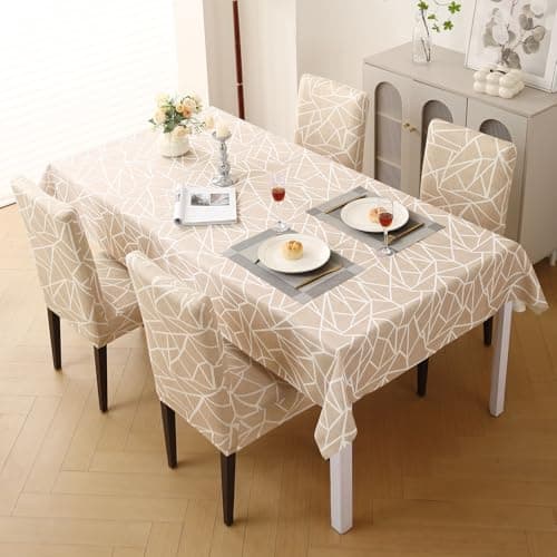 HOKIPO 'Elira Series' Stretchable Set of 4 Dining Chair Cover with Matching Tablecloth, Beige Abstract Geometry (AR-5371-C3)