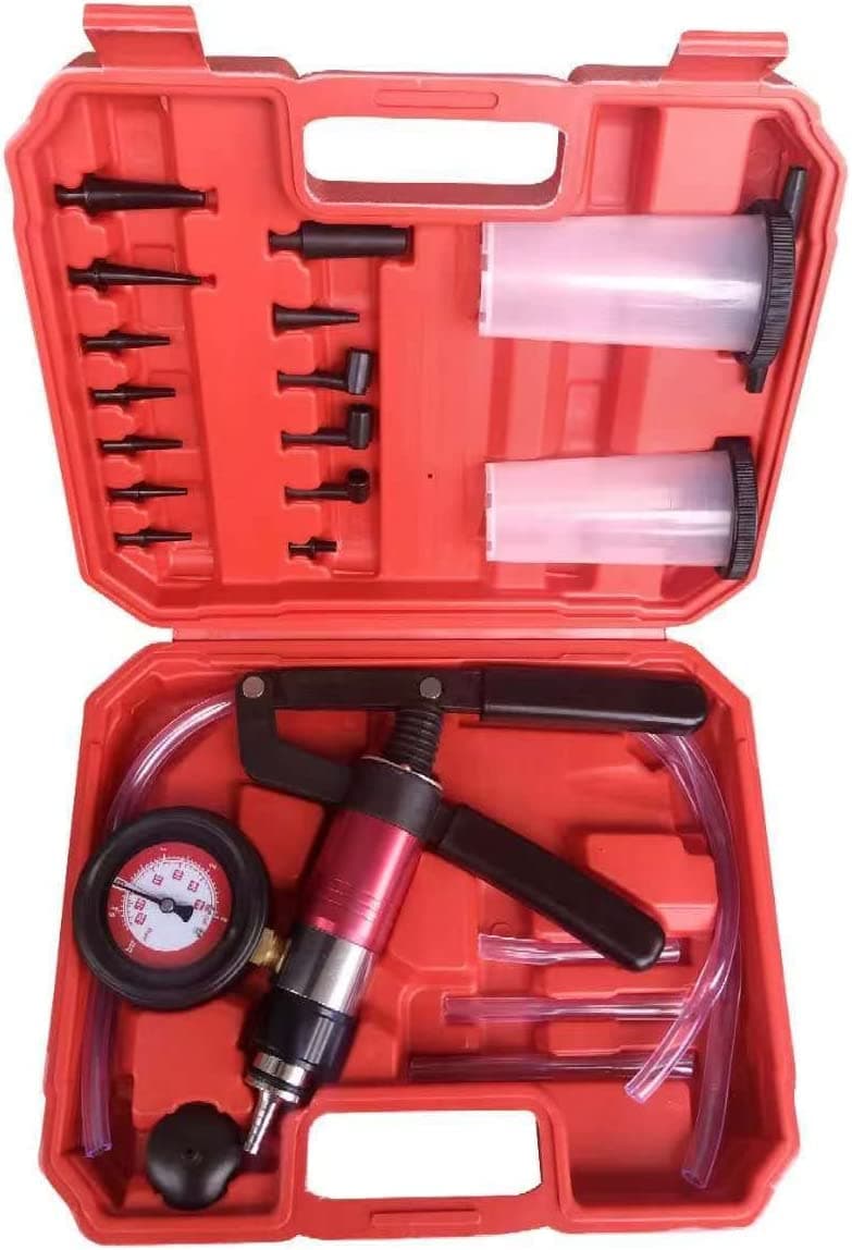 ZJERYL GULL 23PCS Handheld Vacuum Pump Tester Brake Bleeder Kit Brake System Bleeding Tools with Adapters and 2 Reservoir Bottles Automotive Brake for Car Truck MotorcycleRed