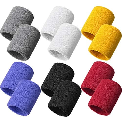 Bememo 12 Pcs Neon Sweatbands Wristband Sweat Wrist Band Competitions Absorbent Sweatbands for Men Women, for Sports, Running(3.15",Black, Red, White, Light Yellow, Lake Blue, Gray)