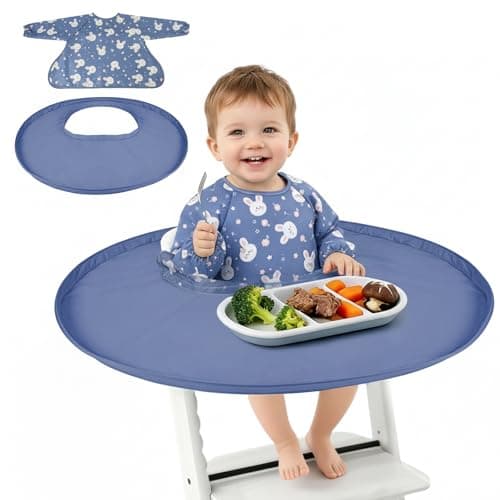 RICHER HOUSE Food Catcher for for Stokke Tripp Trapp High Chair, Coverall Baby Feeding Bib, Long Sleeves Eating Bib for Highchair and Table, Detachable, Waterproof, Baby Feeding Accessories, Blue