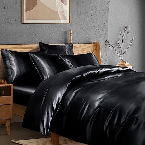 Manyshofu 6Pcs Black Satin Duvet Cover Set Queen Size Satin Fitted Sheet Pillowcases Duvet Cover