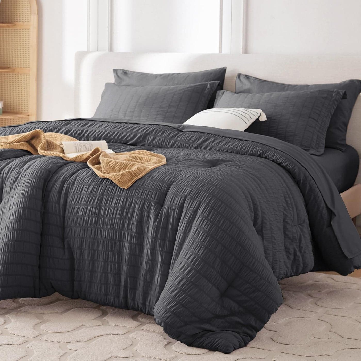 MUXHOMO 7 Pieces Queen Comforter Set Seersucker Bed in a Bag Queen Size All Season Luxury Bedding Set with Comforter Flat Sheet Fitted Sheet Pillowcases Shams Dark Grey