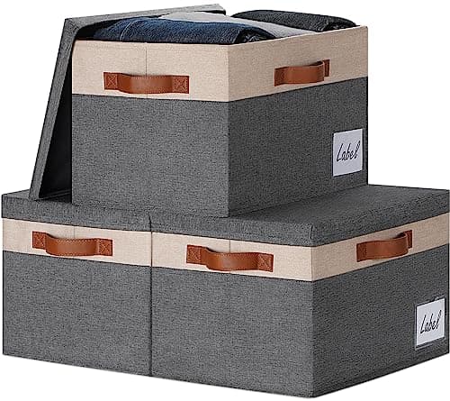 GhvyenntteS Fabric Storage Bins with Lids 3 Pack, Large Fabric Storage Baskets with Lid and Handles, Foldable Closet Organizers and Storage boxes with Label Window for Home (Beige, 15" x 11" x 9.7")