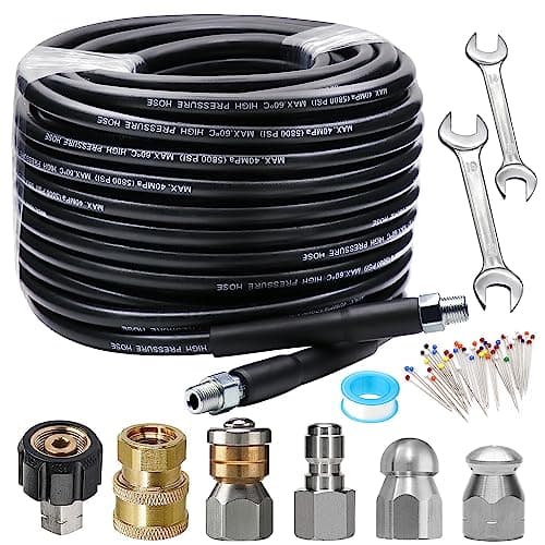 Sewer Jetter Kit 100FT for Pressure Washer, 5800PSI Drain Cleaner Hose 1/4 Inch NPT, Corner, Rotating & Button Nose Sewer Jetting Nozzle with Spanner Watertight Tape Pearl Corsage Pin (Gray Hose)
