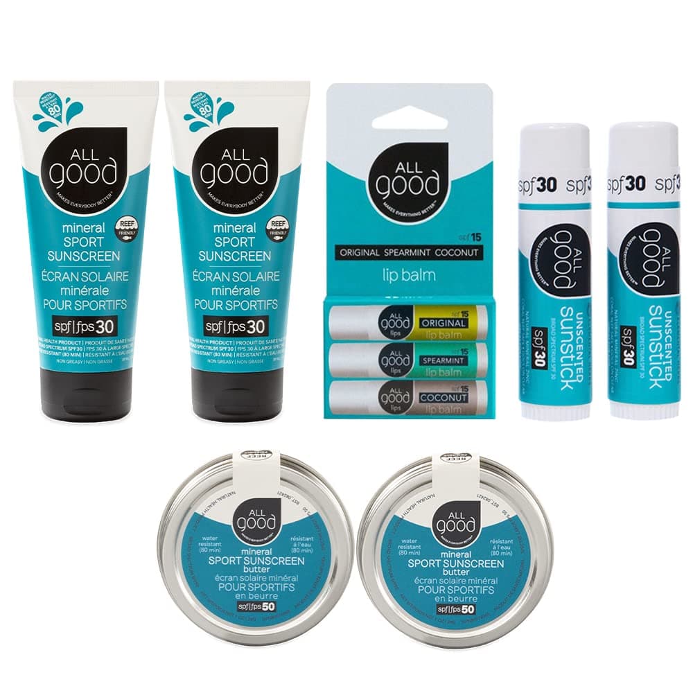 All Good Mineral Ultimate Sun Care Set 3Pack SPF Lip Balms 2 Sunscreen Lotions 2 Zinc Sun Butters 2 FaceNoseEar Sunsticks Water Resistant Coral Reef Friendly Unscented