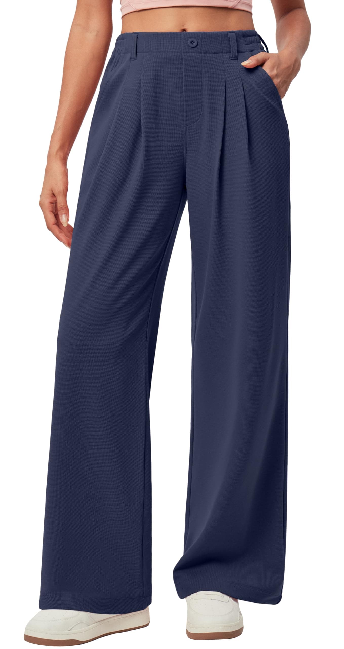 IUGA Wide Leg Pants Woman Pull on Stretchy Work Dress Pants High Waisted Business Casual Trousers Slacks 28'' Large, Standard Dark Blue