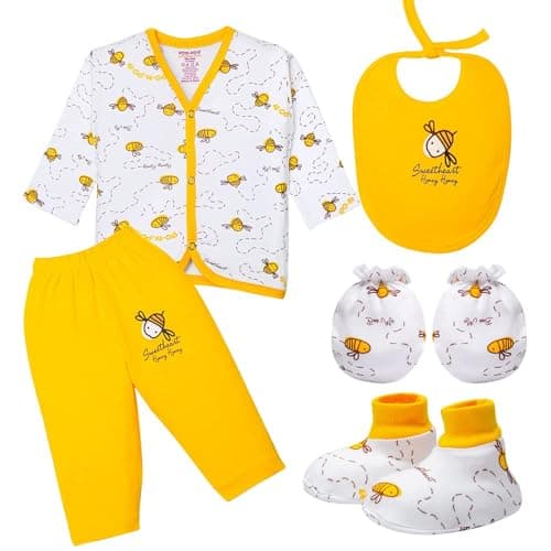 pom-pom SWEET HEARTS 100% Cotton Hosiery Newborn Baby Gift Set – 5-Piece Clothing Combo Gift Pack for Boys & Girls – FullSleeve T-Shirt, Pant/Pajama, Mittens, Bootees, Bib – Yellow (New Born)