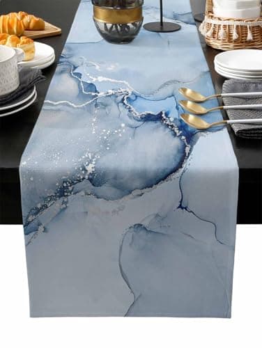 ZOE GARDEN Marble Table Runner 120 Inches Long - Ombre Blue Marble Grey Farmhouse Modern Kitchen Dining Burlap & Cotton Tablerunner for Small/Round/Square/Wedding/Coffee/Dining Table Party Home Décor