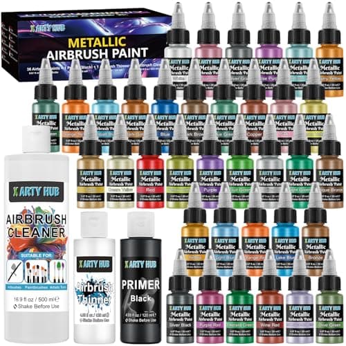 X ARTY HUB Metallic Airbrush Paint Kit, 36 Colors with 4.05 fl oz Black Primer & Thinner and 16.9 fl oz Cleaner, Ready to Spray Acrylic Paint, Water-Based Air Brush Painting Set for Artist & Beginner