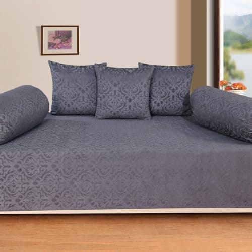STARNSTYLE Premium Velvet Diwan Set - Bedsheet, 2pc Bolster Cover with Dori and 3pc Cushion Covers Large Set of 6 Pieces Grey