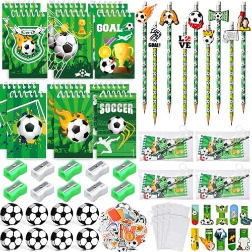 SNLN Soccer Party Favors Birthday Supplies School Stationery Bulk Mini Notebook Pencil Eraser Bookmark Sharpener Bag Sticker Goodie Stuffer Pinata Filler Boy Kids Soccer Themed Party Supplies