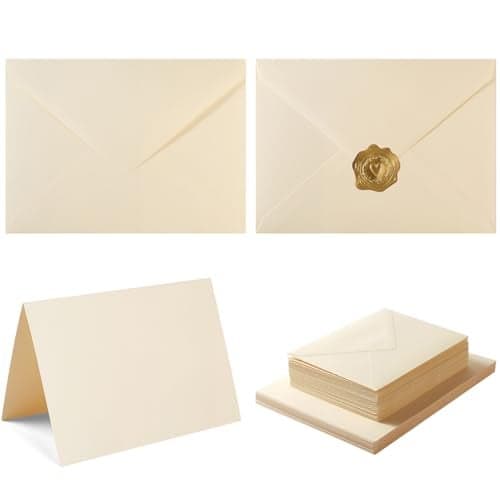 50 Pack Cream A7 Envelopes with Cards 5x7 Thick Folded Cardstock and Gold Stickers for Greeting Cards Wedding Birthday Invitations Baby Showers Cream 5x7