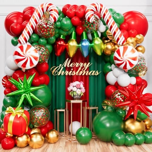 193Pcs Christmas Balloon Arch Kit Red and Green Balloons with Candy Cane Gift Box Bulb Star Foils for Christmas Party Decorations and New Year Celebration