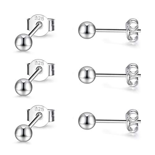 EPIRORA Sterling Silver Stud Earrings for Women Men- 3 Pairs 3mm Tiny Ball Stud Earrings Round CZ Earrings Pearl Earrings Set Cartilage Small Tragus Earrings