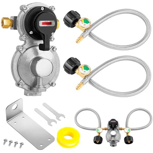 RV Propane Regulator 2 Tank-2-Stage Auto Changeover LP Propane Regulator, 18 Inch Pigtail Hoses (2 Pcs) with Gauge, 1/4" Inverted Male Flare / QCC1 Fitting, 3/8" NPT Female, for RVs,Trailers, Camper