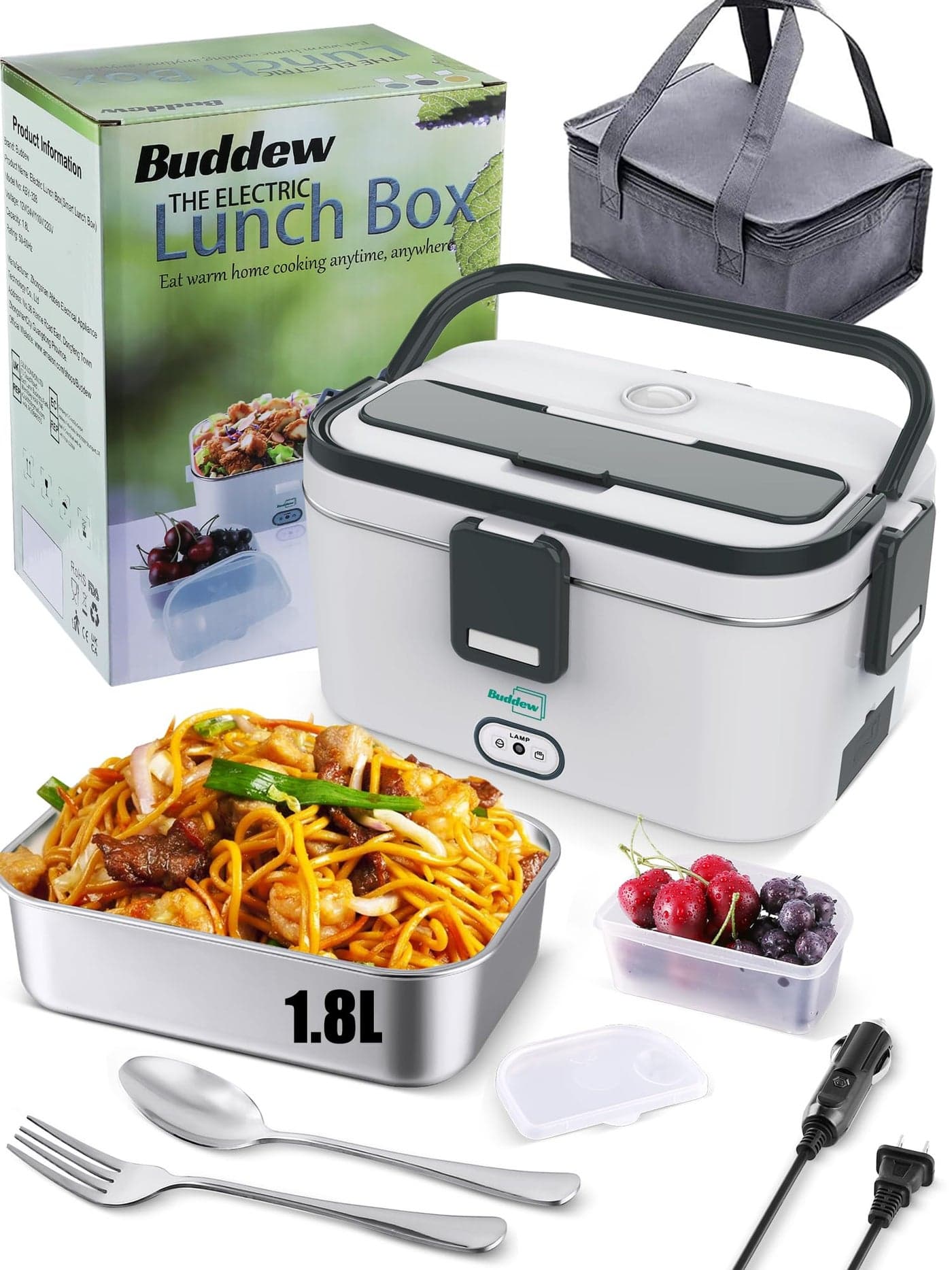 Buddew Electric Lunch Box for Adults, 80W Heated Lunch Box 1.8L Stainless Steel Portable Food Warmer,12/24/110V Lonchera Electrica Portatil for Travel & Work, Loncheras para Hombres de Trabajo(Gray)