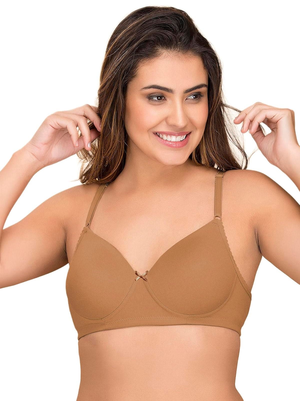 Clovia Women's Cotton Rich Solid Padded Full Cup Wire Free T-Shirt Bra (BR1279P24_Skin_32B)