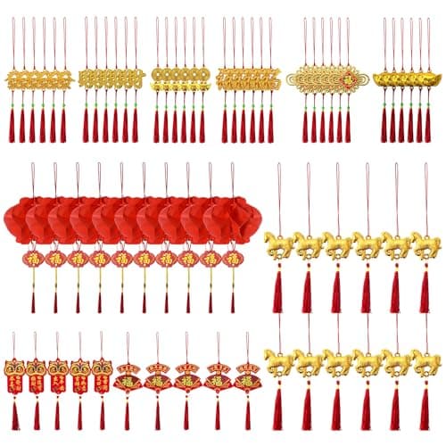 2026&74 Pieces Traditional Chinese New Year Decor - Red Knots, Lucky Fu Charms & Festive Hanging Ornaments for Home, Tree, Car & Lunar New Year Decor-新年装饰