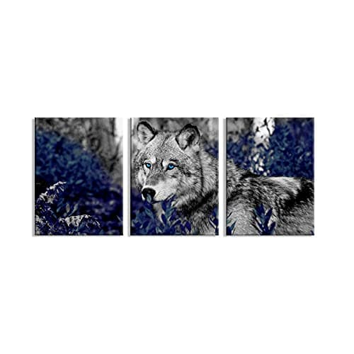 Kalormore Wildlife Animal Canvas Wall Art Black White Wolf with Blue Eyes Picture Giclee Prints Artwork Framed and Stretched Painting for Modern Home Living Room Office Bedroom Bathroom Decoration